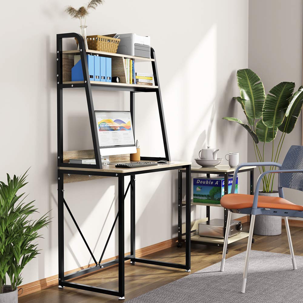 DEWEL ハイタイプ パソコンデスク 幅80cm 木製 収納ラック付き アジャスター付き 省スペース 80×50×155cm